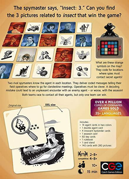Codenames Pictures XXL board game with illustrated cards, secret agents, and insect-themed coded messages.