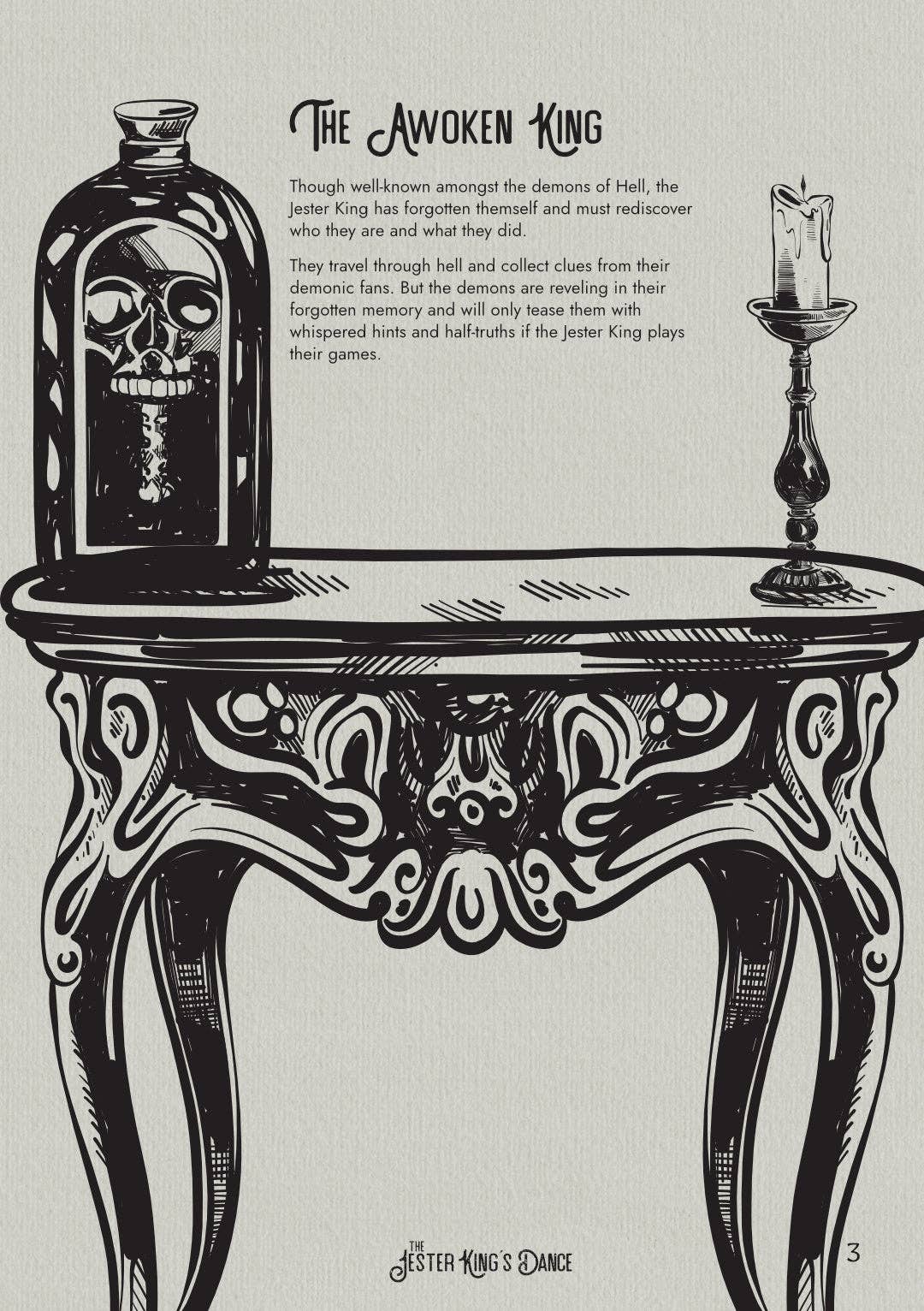 Jester Kings Dance 2e product text with a black and white drawing of a table, skull in a jar, and lit candle.