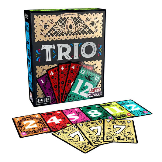 Trio card game featuring colorful cards with numbers 2, 4, 5, 7, 8, and 12 for collecting sets of three.