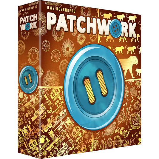 Patchwork Specials 10-Year Anniversary Edition box with large blue button and gold patterns on a brown background.