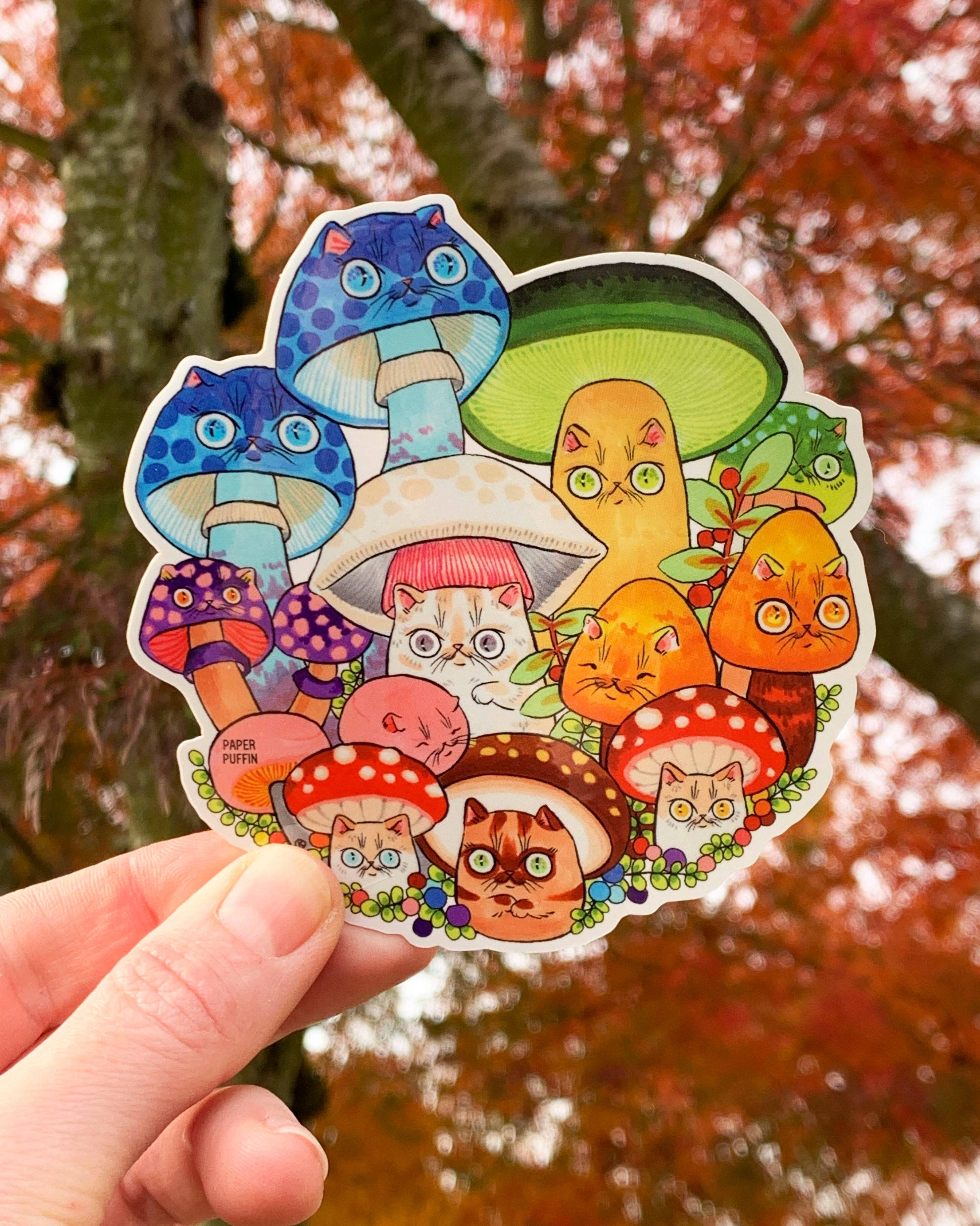 Large sticker, Mushroom Cats Circle 31: cats integrated with colorful mushrooms of various sizes.