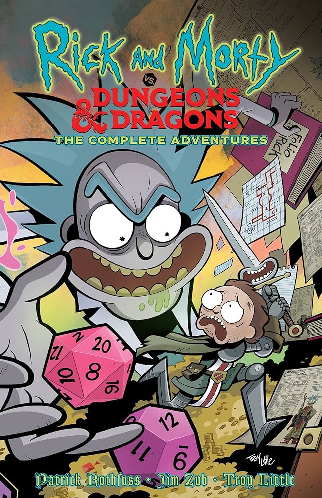 Rick and Morty vs. Dungeons & Dragons comic cover featuring Rick with giant dice and sword startling Morty.