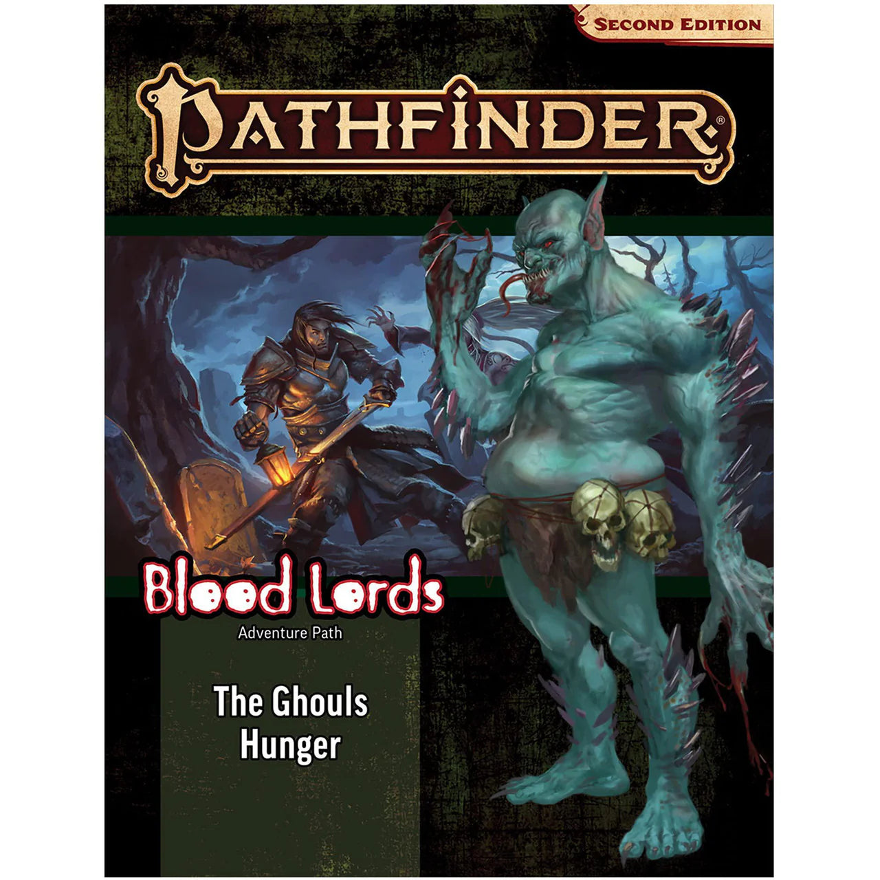 Pathfinder 2E Adventure Path: The Ghouls Hunger (Blood Lords 4/6) cover featuring a warrior fighting a blue ghoul.