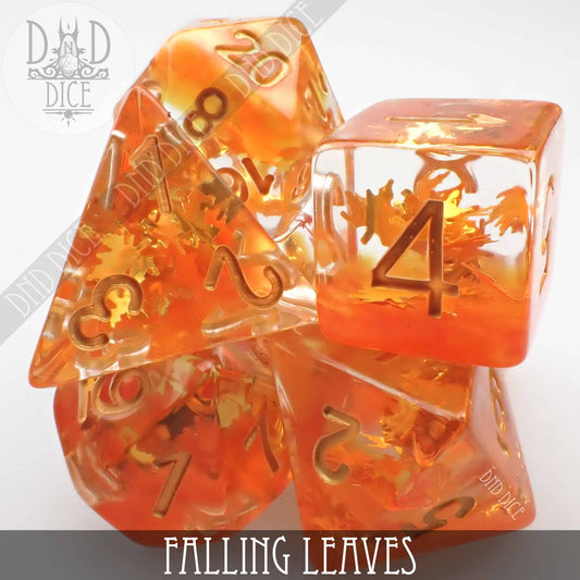 Falling Leaves: Set of 7 orange resin dice with gold numbers and leaf details.