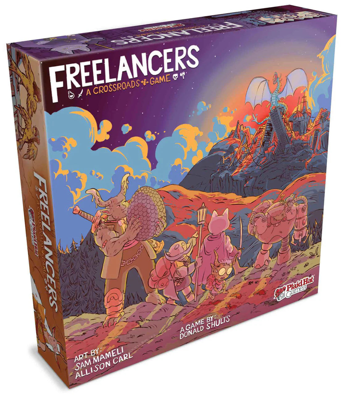 Freelancers: A Crossroads Game box featuring fantasy characters and a dragon atop a volcano.
