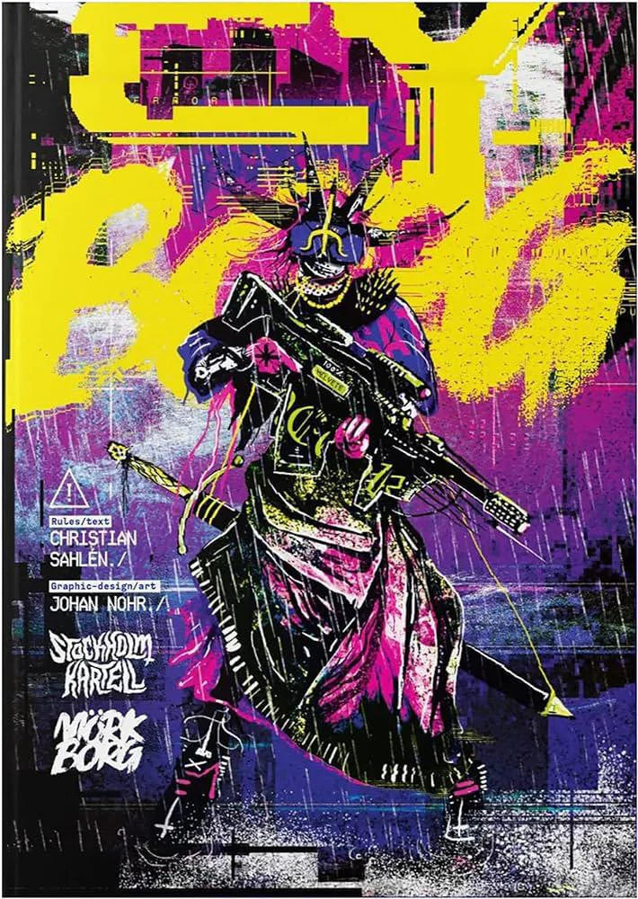 Cy Borg Core Rulebook with cover art of a neon punk samurai holding a rifle on a yellow and purple background.