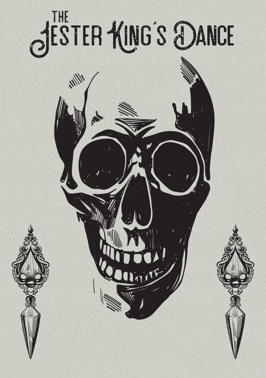 Jester Kings Dance 2e solo journaling mystery game with black skull and earrings on textured white background.