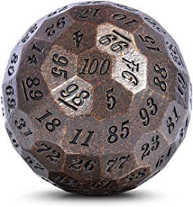 Copper 100-sided metallic RPG die with numbers 1-100 engraved on its faceted surface.