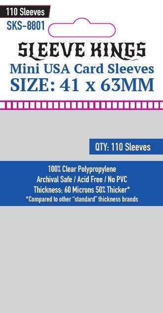 Sleeve Kings Mini USA Card Sleeves, 41x63mm, SKS-8801, pack of 110 clear 60-micron polypropylene sleeves.
