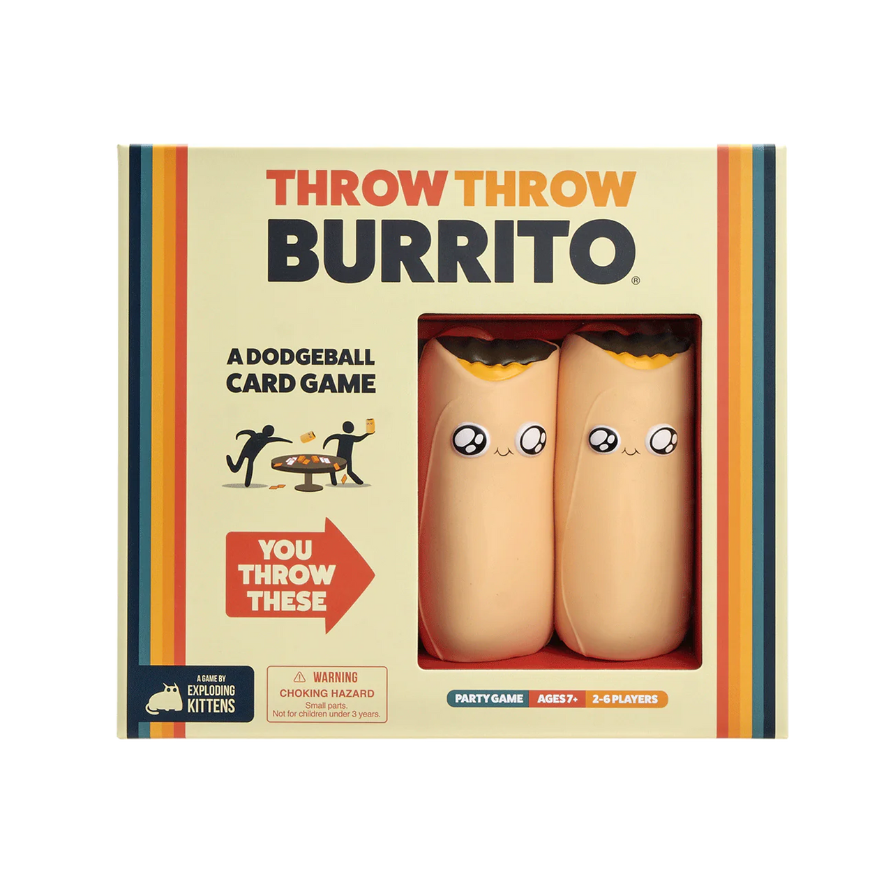 Throw Throw Burrito game set with soft burritos and rules, for ages 7 and up.