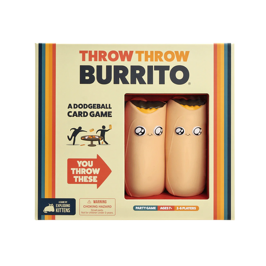 Throw Throw Burrito game set with soft burritos and rules, for ages 7 and up.