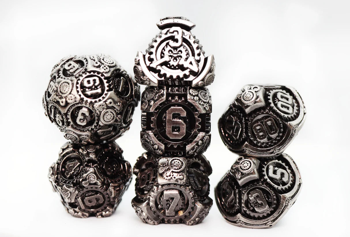 Four Airship Gears: Fierce Flotilla metal RPG dice featuring gear designs and numbers on a white background.