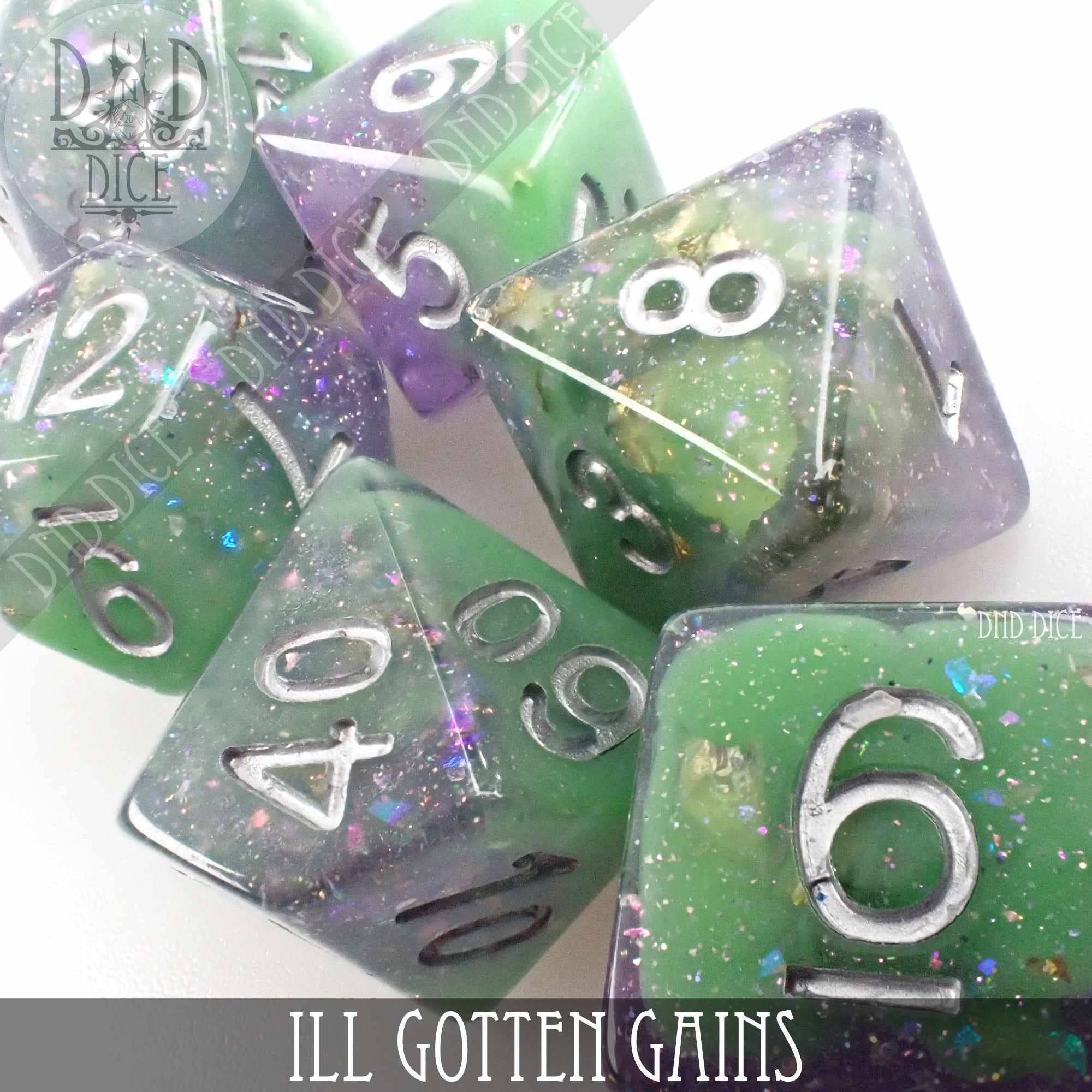 Ill Gotten Gains green and purple 7-dice set for tabletop gaming with white numbers.