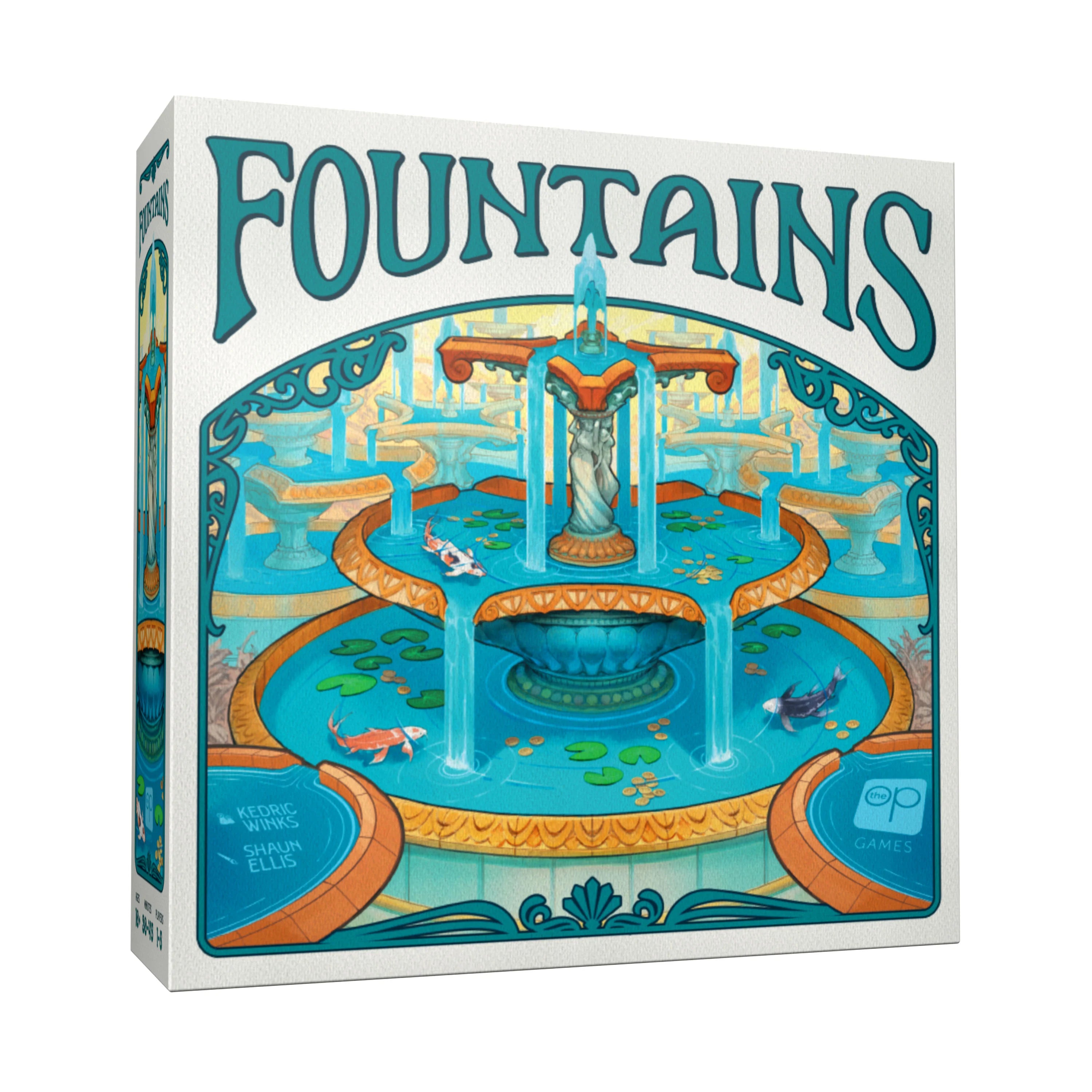 Fountains board game box with blue and gold fountain, koi fish, and lily pads on the cover.