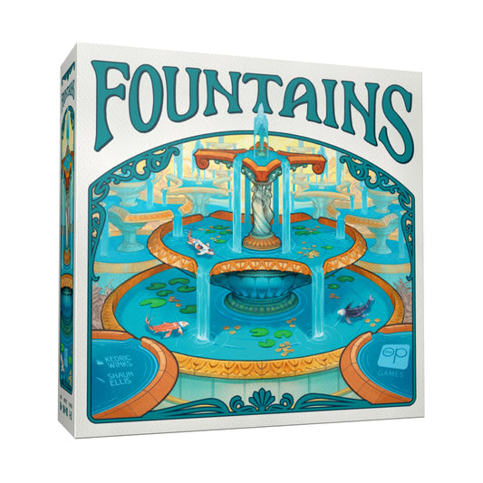 Fountains board game box with blue and gold fountain, koi fish, and lily pads on the cover.