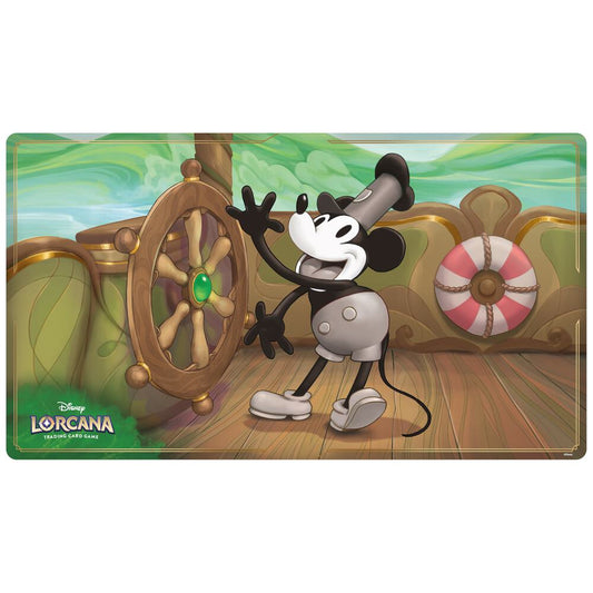 Disney Lorcana: The First Chapter playmat featuring Steamboat Willie Mickey Mouse steering a ship’s wheel.