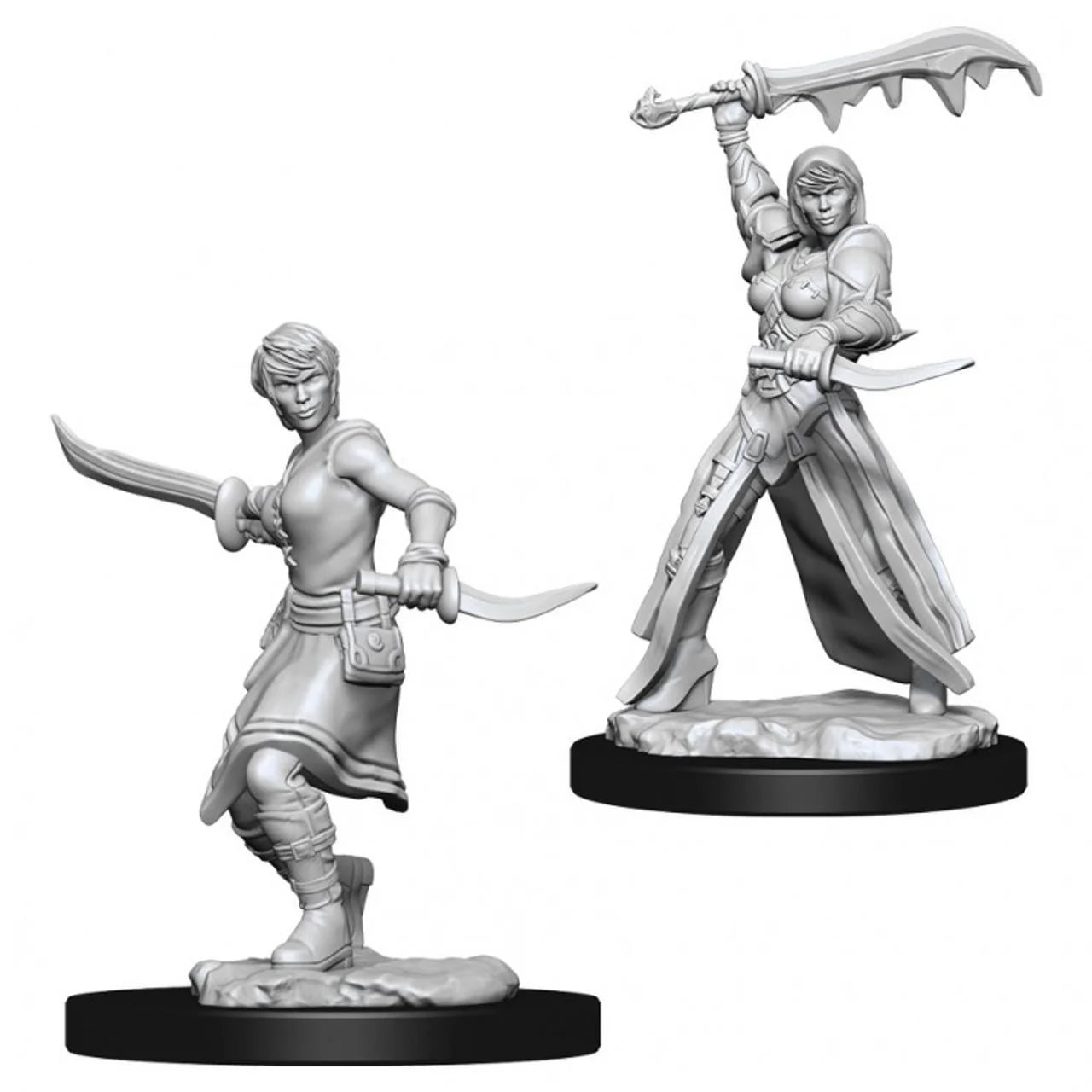Unpainted D&D female human paladin miniature with sword on round base.