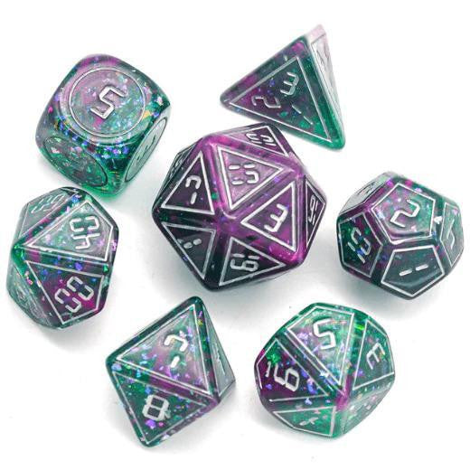 Cybernated Pink & Green RPG Dice Set, XLarge, for tabletop games and D&D.