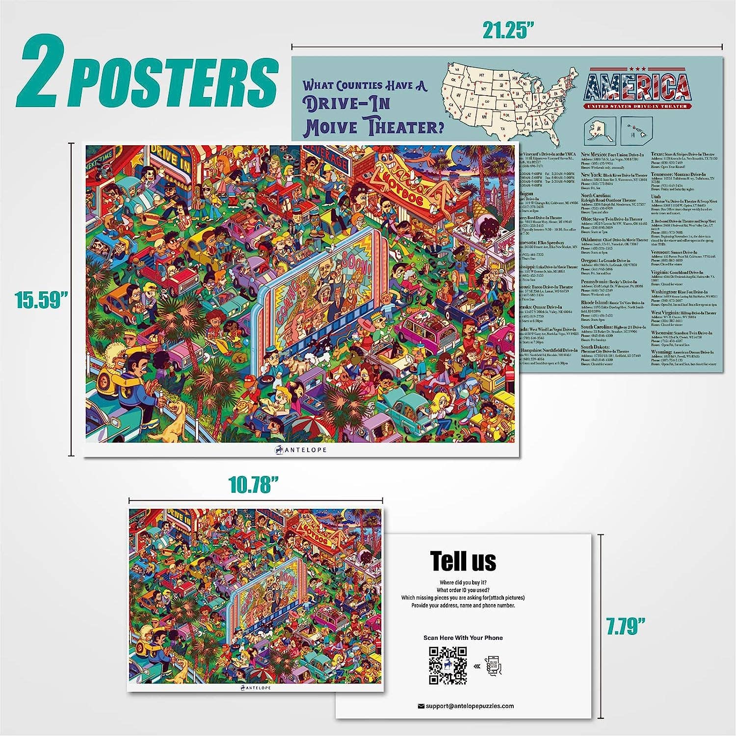 Drive In Movie 1000 Piece Jigsaw Puzzle with vintage theater posters, map, and information.