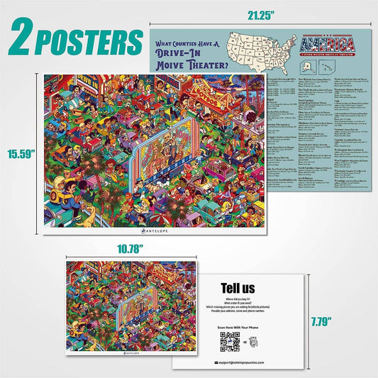 Drive In Movie 1000 Piece Jigsaw Puzzle with vintage theater posters, map, and information.