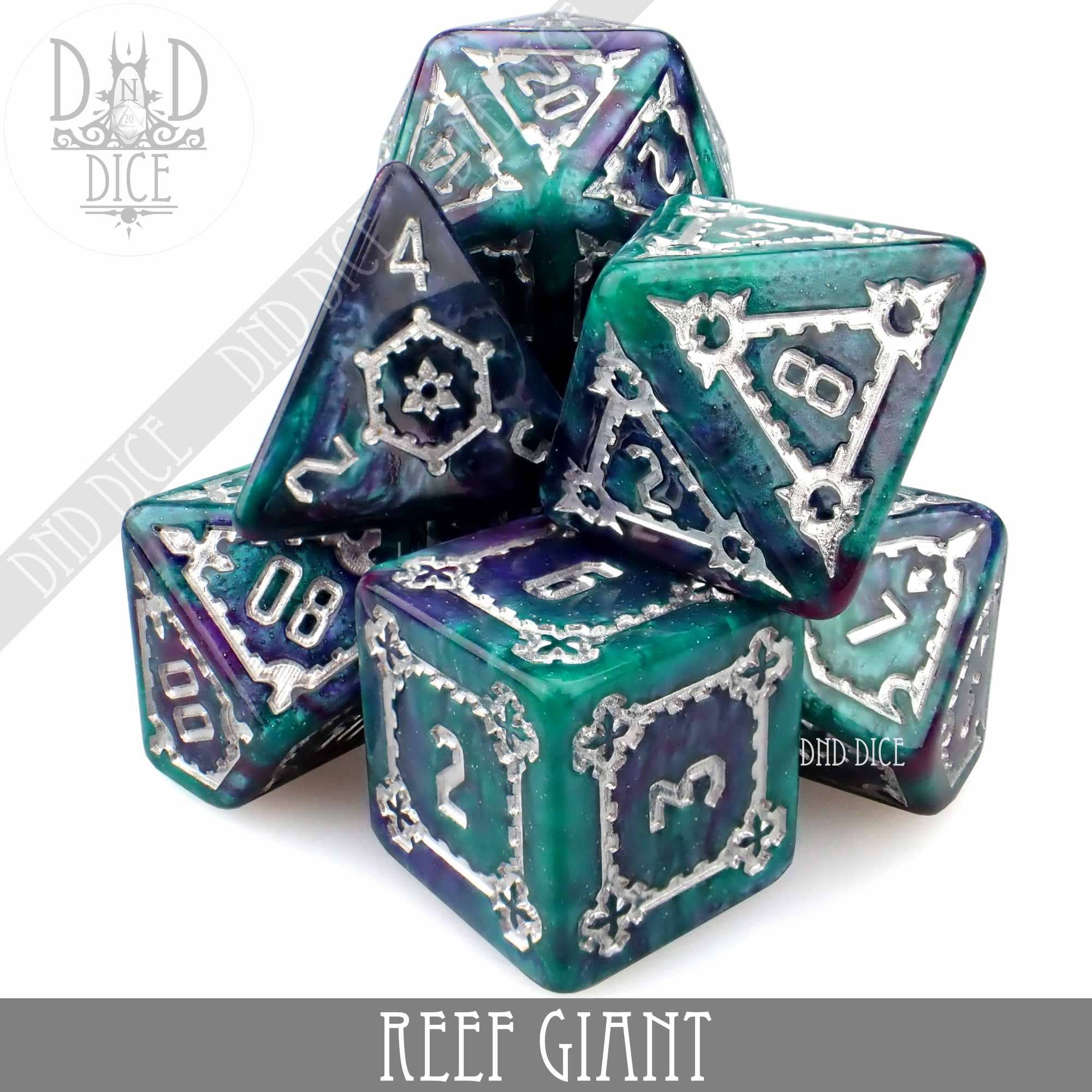 7-piece Reef Giant oversized dice set in blue, green, and purple resin with silver numbers from DnD Dice.