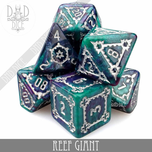7-piece Reef Giant oversized dice set in blue, green, and purple resin with silver numbers from DnD Dice.