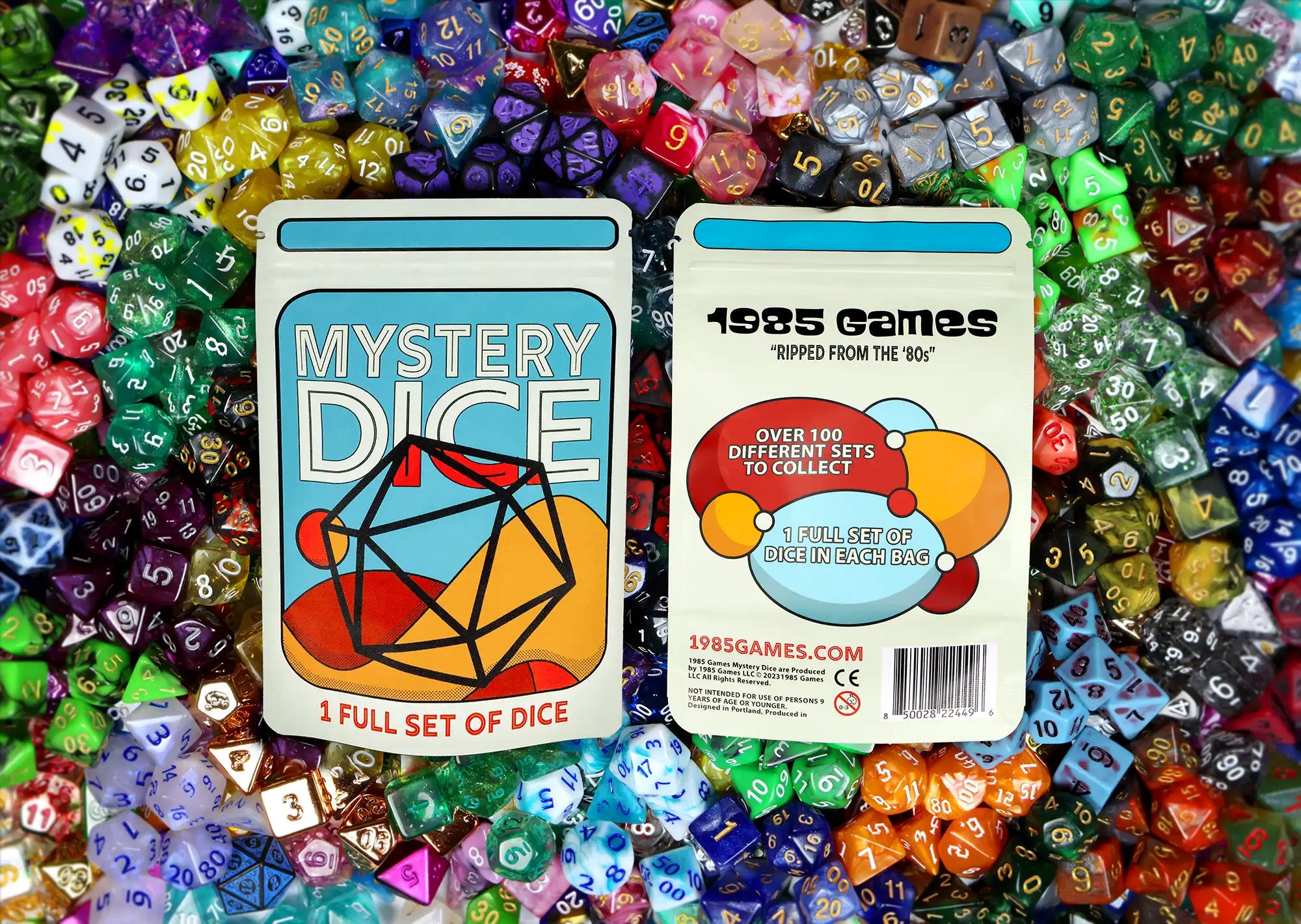 Two bags, each containing a 7-piece Mystery Dice set, are surrounded by assorted colorful polyhedral dice. One bag is labeled Mystery Dice.