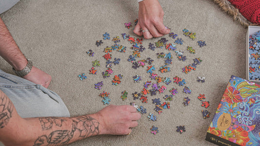 Paperblanks Celestial Magic 1000-piece puzzle pieces and box on carpet, being sorted by two people.