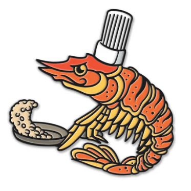 Shrimp Fried Rice enamel pin featuring a cartoon shrimp chef holding a pan of fried rice.