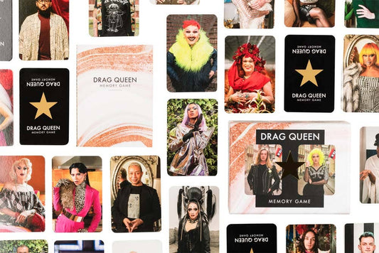Drag Memory Game cards featuring Dutch drag queens in elaborate costumes.