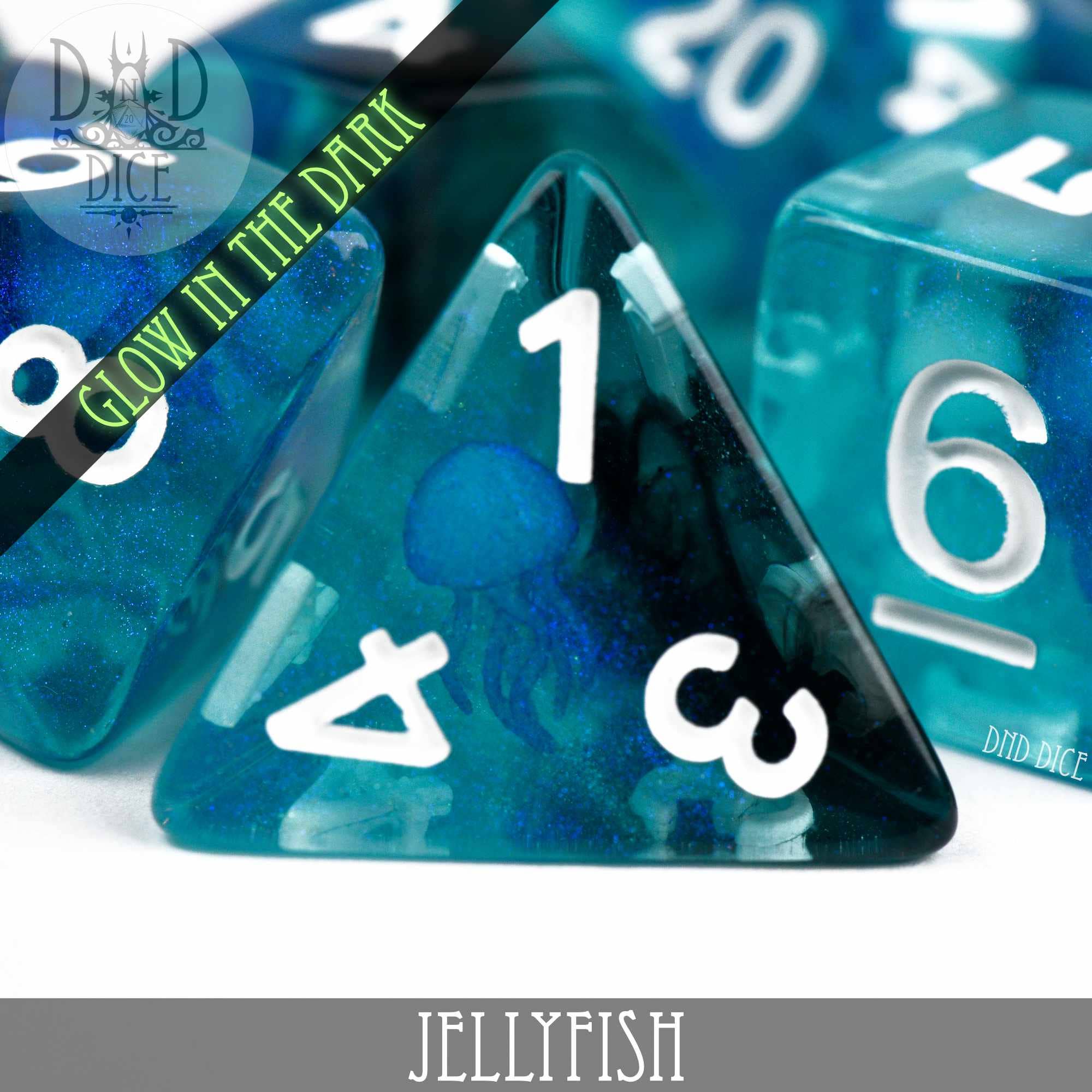 Jellyfish (Glow) blue resin dice with white numbers and a jellyfish inside.