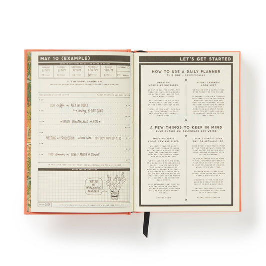 Brass Monkey Part-Time Adult Undated Daily Planner open to a daily page and instructions.