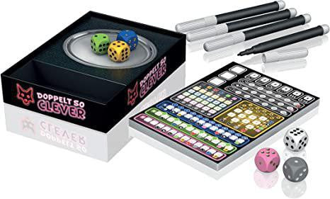 Twice As Clever (Doppelt So Clever) roll-and-write game with colored dice, score sheets, pens, and box by Wolfgang Warsch.