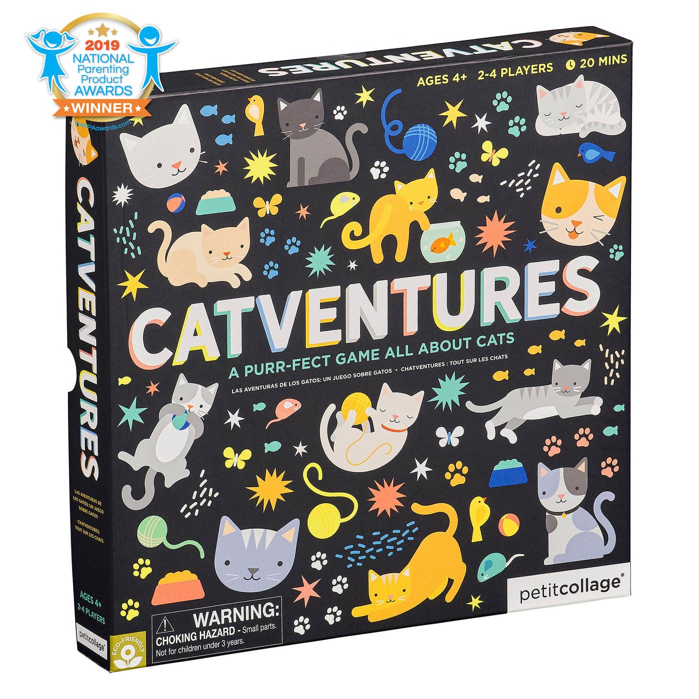 Catventures Board Game for ages 4+, 2-4 players, 20 minutes play, made with recycled materials.