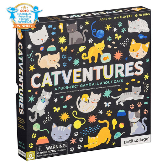 Catventures Board Game for ages 4+, 2-4 players, 20 minutes play, made with recycled materials.
