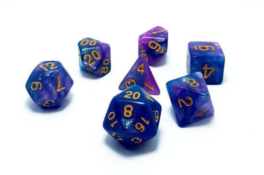 Byzantium RPG Dice Set with blue and purple acrylic dice featuring gold numbers.