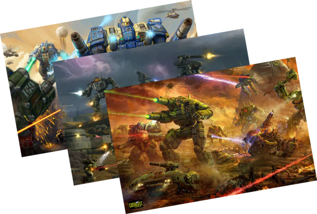 Battletech Supersize Poster Set with three digital posters of giant mechs on futuristic battlefields.