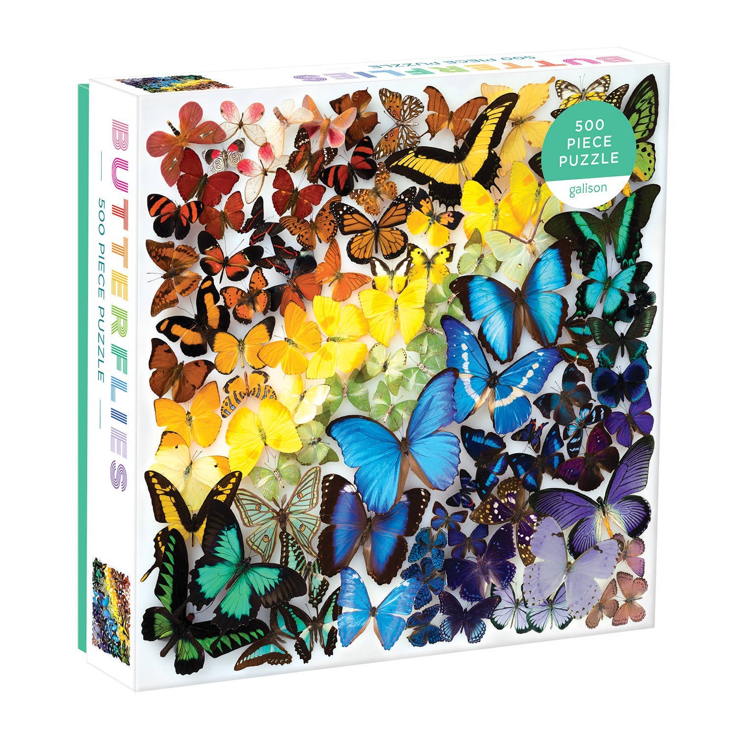 Rainbow Butterflies 500 Piece Puzzle with butterflies in a range of colors from red to blue.