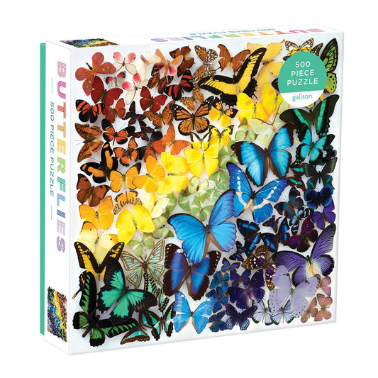 Rainbow Butterflies 500 Piece Puzzle with butterflies in a range of colors from red to blue.