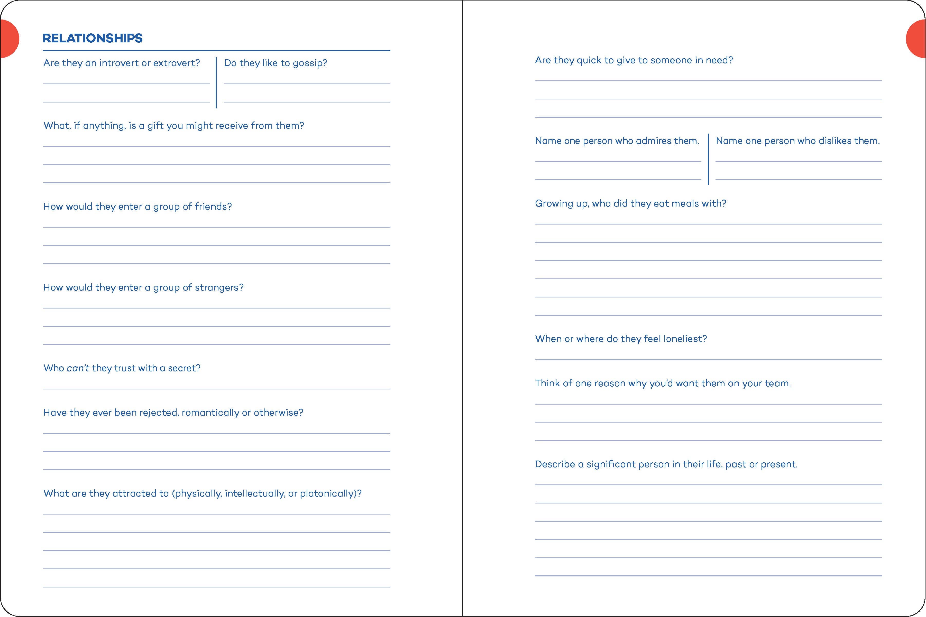 Writer’s Journal for Creating Characters with prompts and lined pages for character development and storytelling.