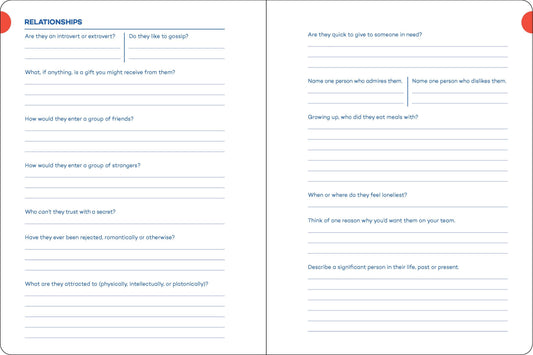 Writer’s Journal for Creating Characters with prompts and lined pages for character development and storytelling.