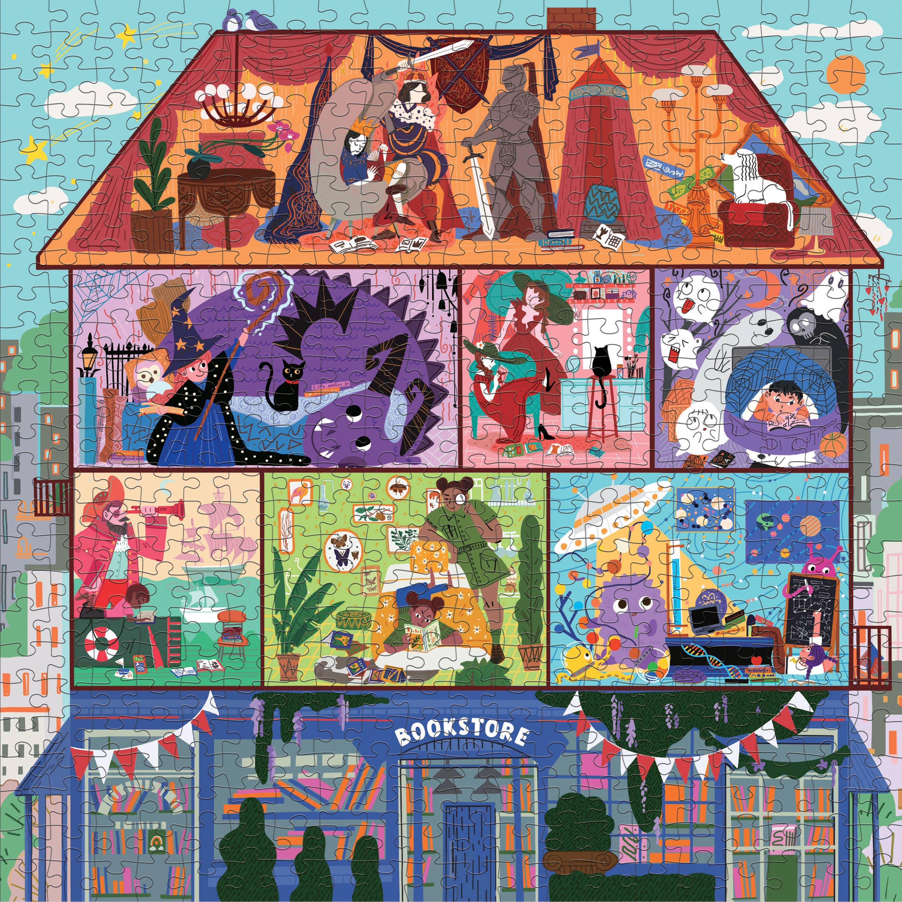 The Magic of Stories 500 Piece Family Puzzle featuring a house above a bookstore illustration.