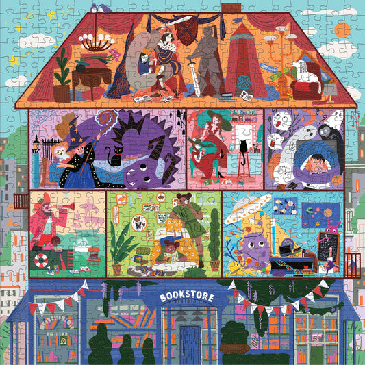 The Magic of Stories 500 Piece Family Puzzle featuring a house above a bookstore illustration.