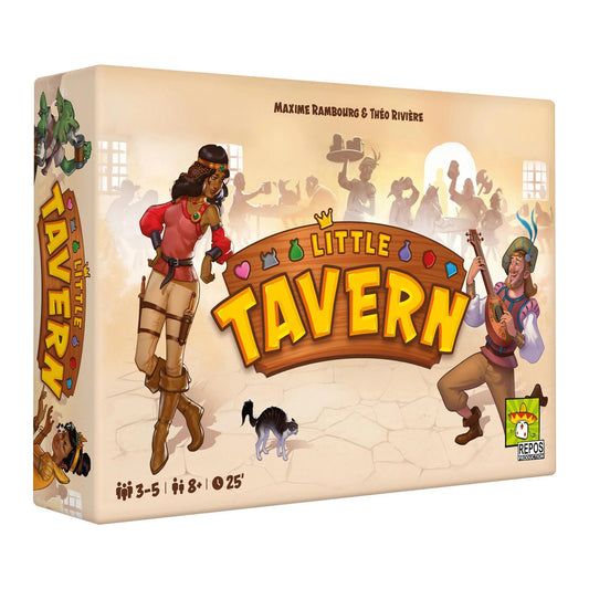 Little Tavern board game box featuring a cartoon cat and illustrated tavern patrons.
