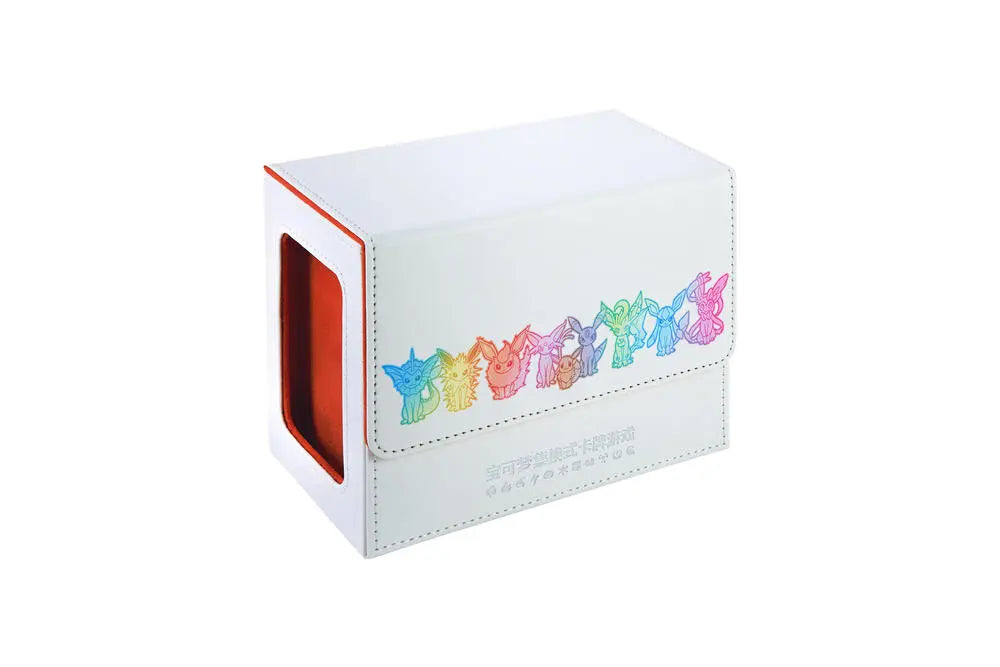 Pokemon Eevee Advanced Double Deck Box, white with colorful animal art and red interior, for card deck storage.
