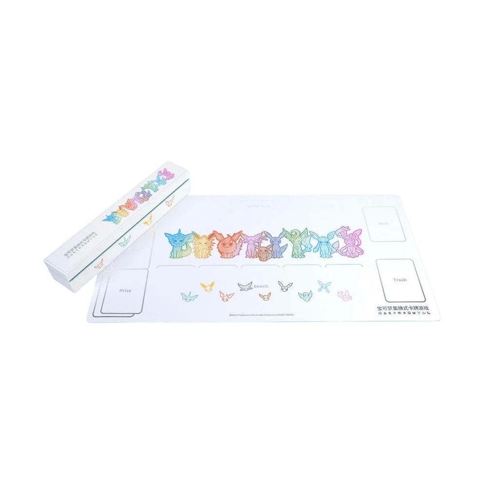 Pokemon Eevee Advanced Playmat with origami animal designs, deck box, and labeled TCG play zones.
