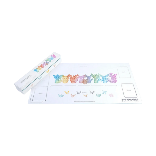 Pokemon Eevee Advanced Playmat with origami animal designs, deck box, and labeled TCG play zones.