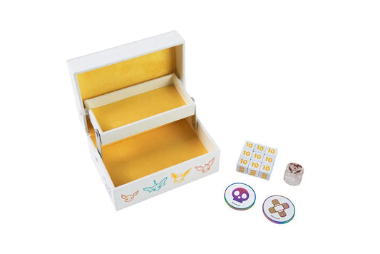 Pokemon Eevee Advanced Token Box open with yellow interior, dice, tokens, and Pokemon pieces displayed beside it.
