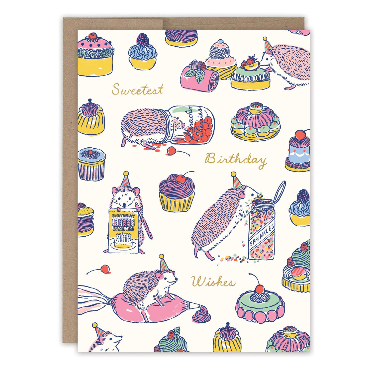 Sweet Treats Hedgehog Birthday Card with hedgehogs in party hats, cupcakes, and “Sweetest Birthday Wishes” text.