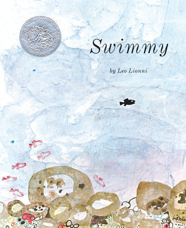 Swimmy by Leo Lionni book cover featuring a small black fish above colorful coral and rocks.